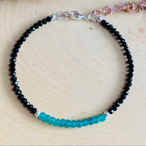 Green Onyx Black Spinel Gemstone Sterling Bracelet - Picture 4 of 9